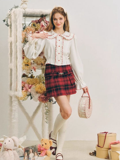 Christmas red wool plaid skirt tweed bustier【s0000004607】