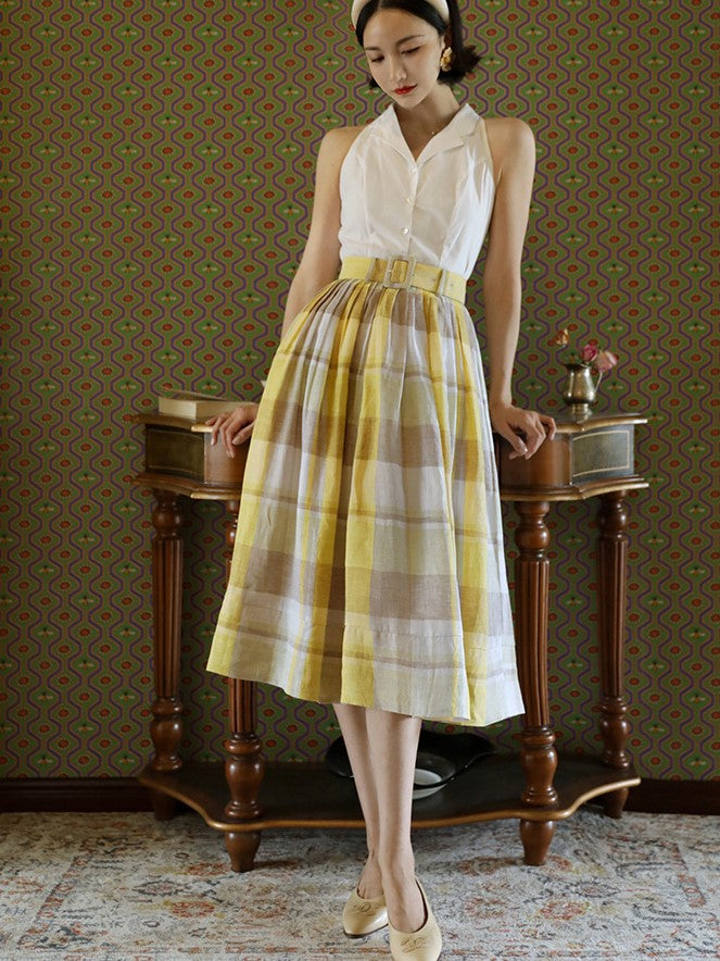 Pale yellow plaid retro umbrella skirt