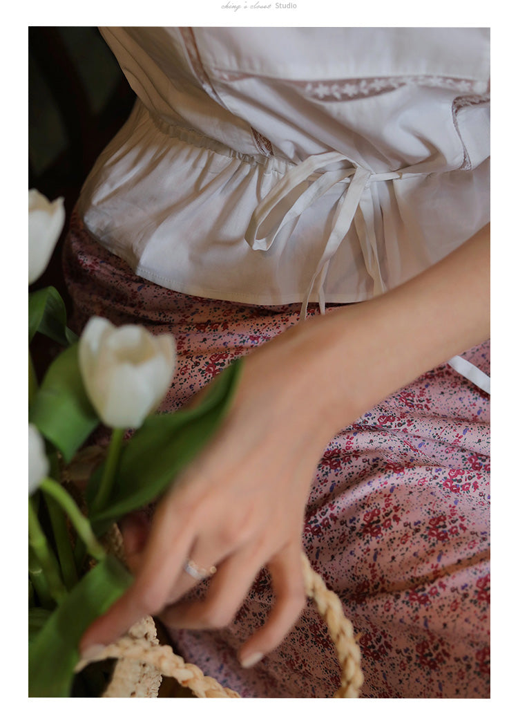 Pink flower pattern french skirt