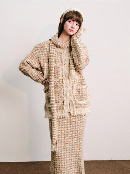 Knitted Fringe Cardigan Jacket With Stole ＆ Long Skirt【s0000003854】