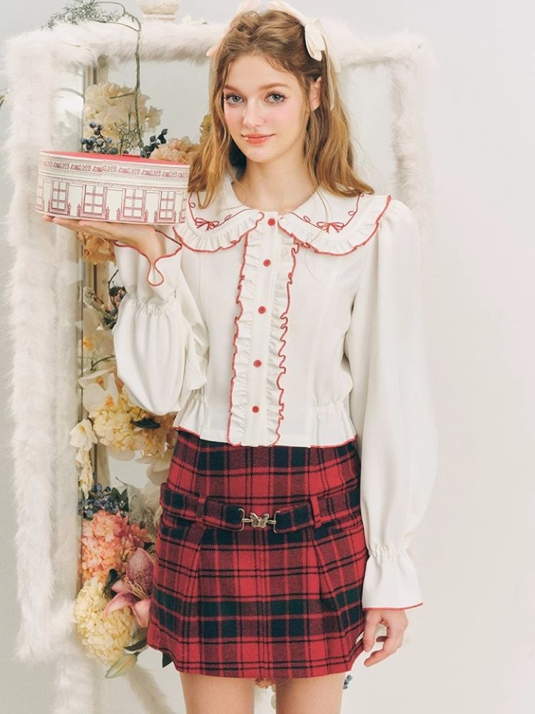 Christmas red wool plaid skirt tweed bustier【s0000004607】