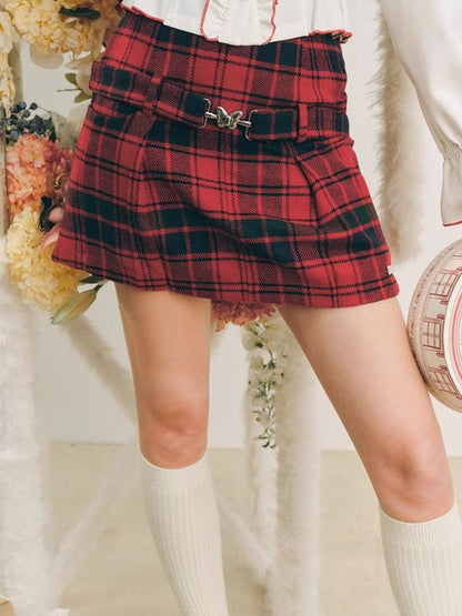 Christmas red wool plaid skirt tweed bustier【s0000004607】