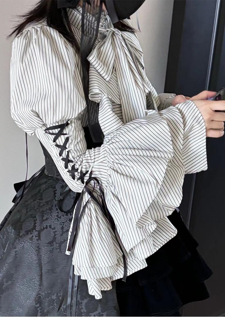 FlowerFairyDaily - Gothic Lolita Striped Shirt With Alternative NeckTie/Jabot
