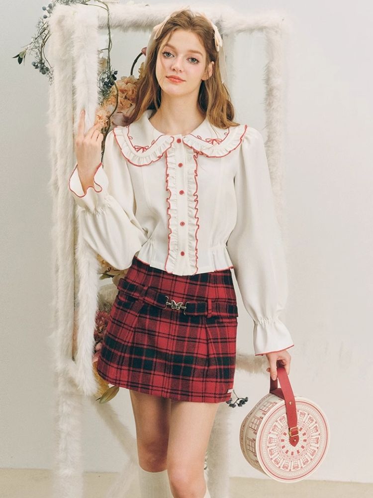 Christmas red wool plaid skirt tweed bustier【s0000004607】