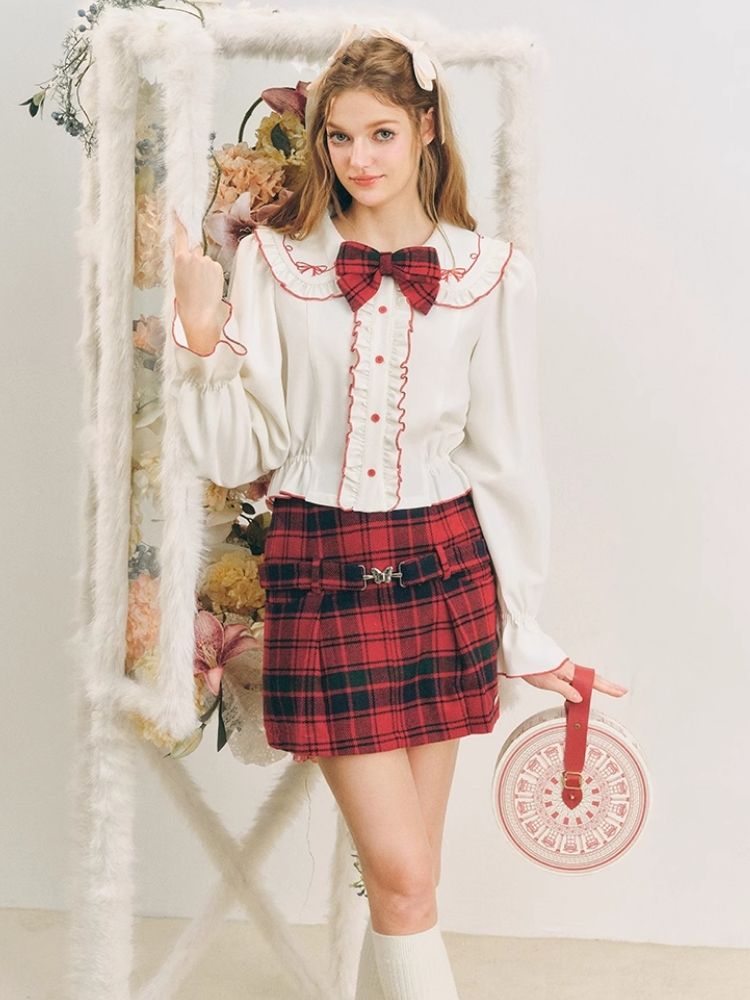 Christmas red wool plaid skirt tweed bustier【s0000004607】