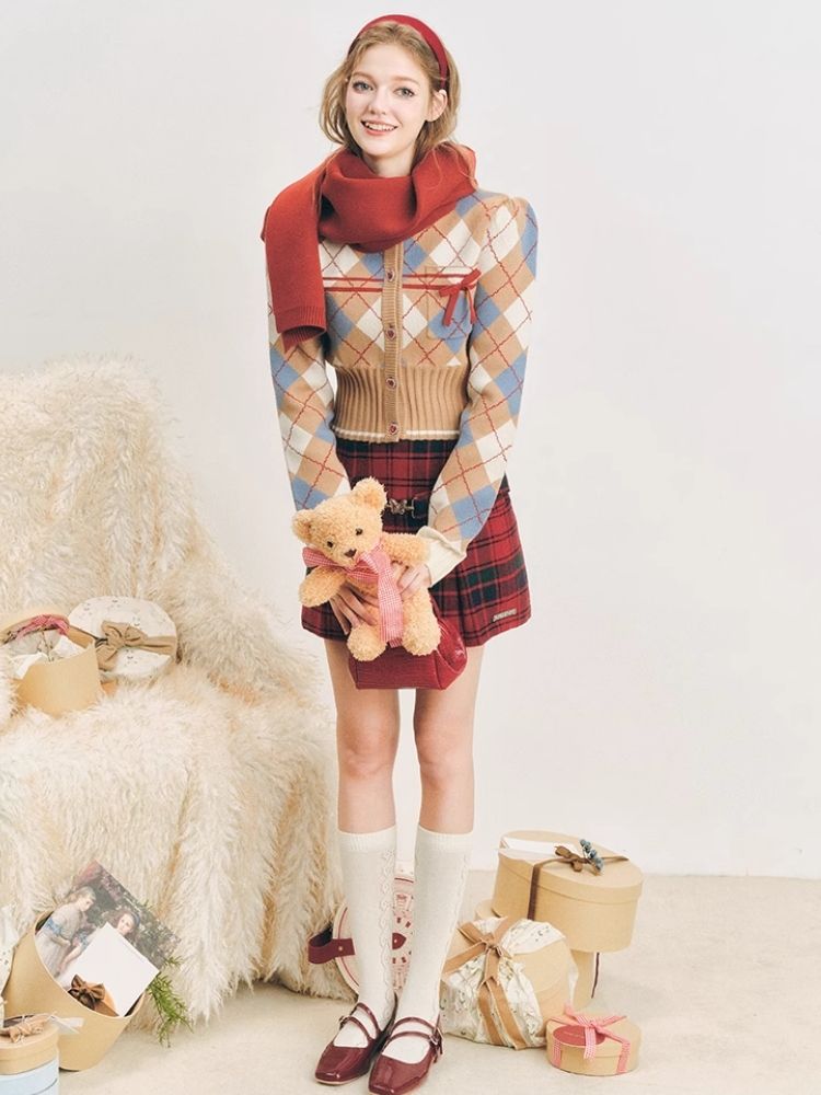 Christmas red wool plaid skirt tweed bustier【s0000004607】