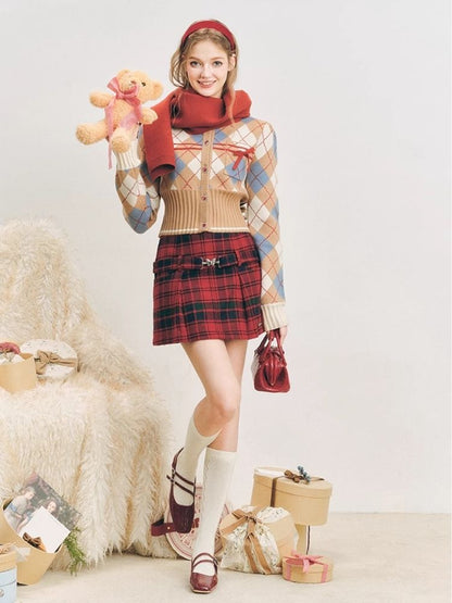 Christmas red wool plaid skirt tweed bustier【s0000004607】
