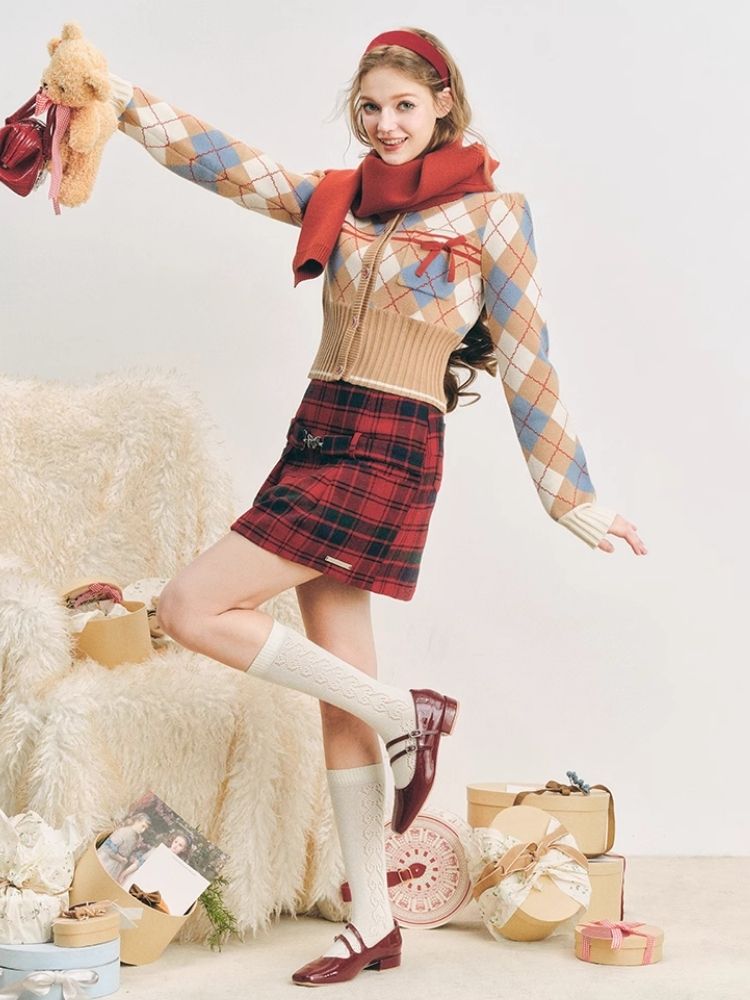 Christmas red wool plaid skirt tweed bustier【s0000004607】