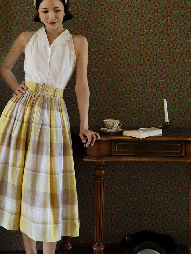 Pale yellow plaid retro umbrella skirt