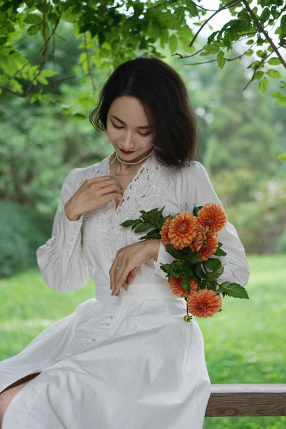 Floral embroidery white vintage dress