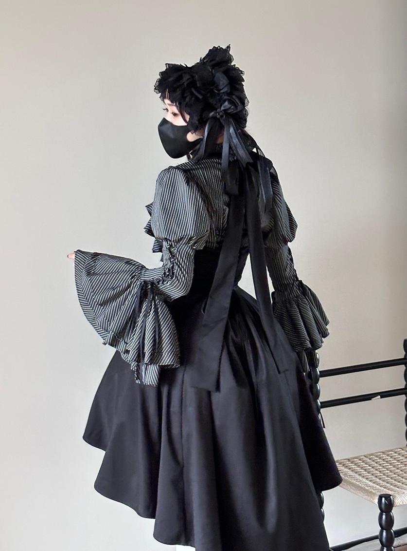 FlowerFairyDaily - Gothic Lolita Striped Shirt With Alternative NeckTie/Jabot