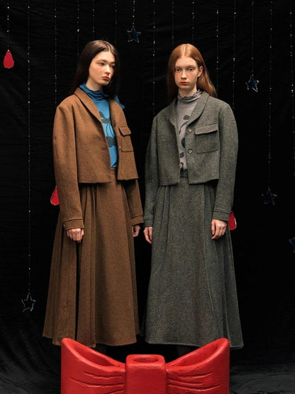 Tweed short jacket long pleated skirt suit【s0000005940】