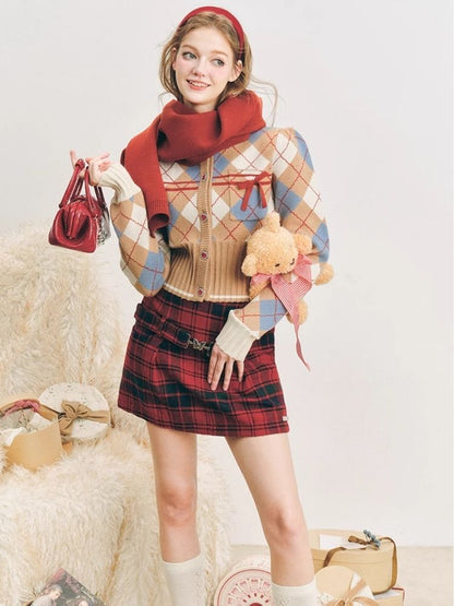 Christmas red wool plaid skirt tweed bustier【s0000004607】