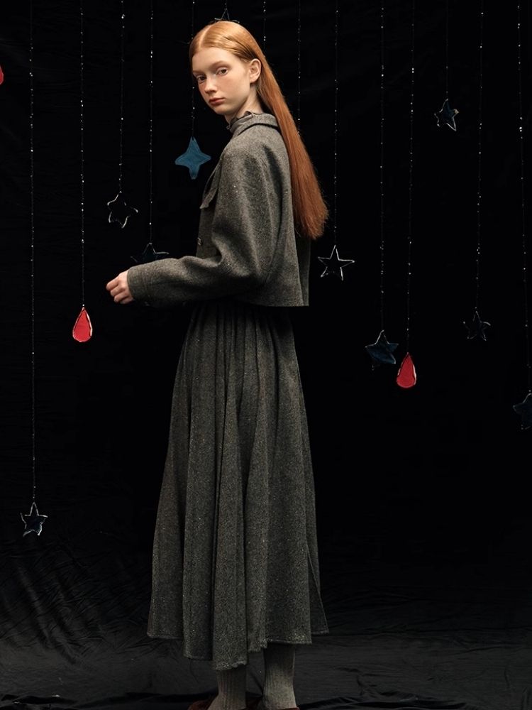 Tweed short jacket long pleated skirt suit【s0000005940】