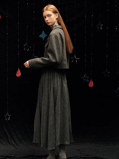 Tweed short jacket long pleated skirt suit【s0000005940】