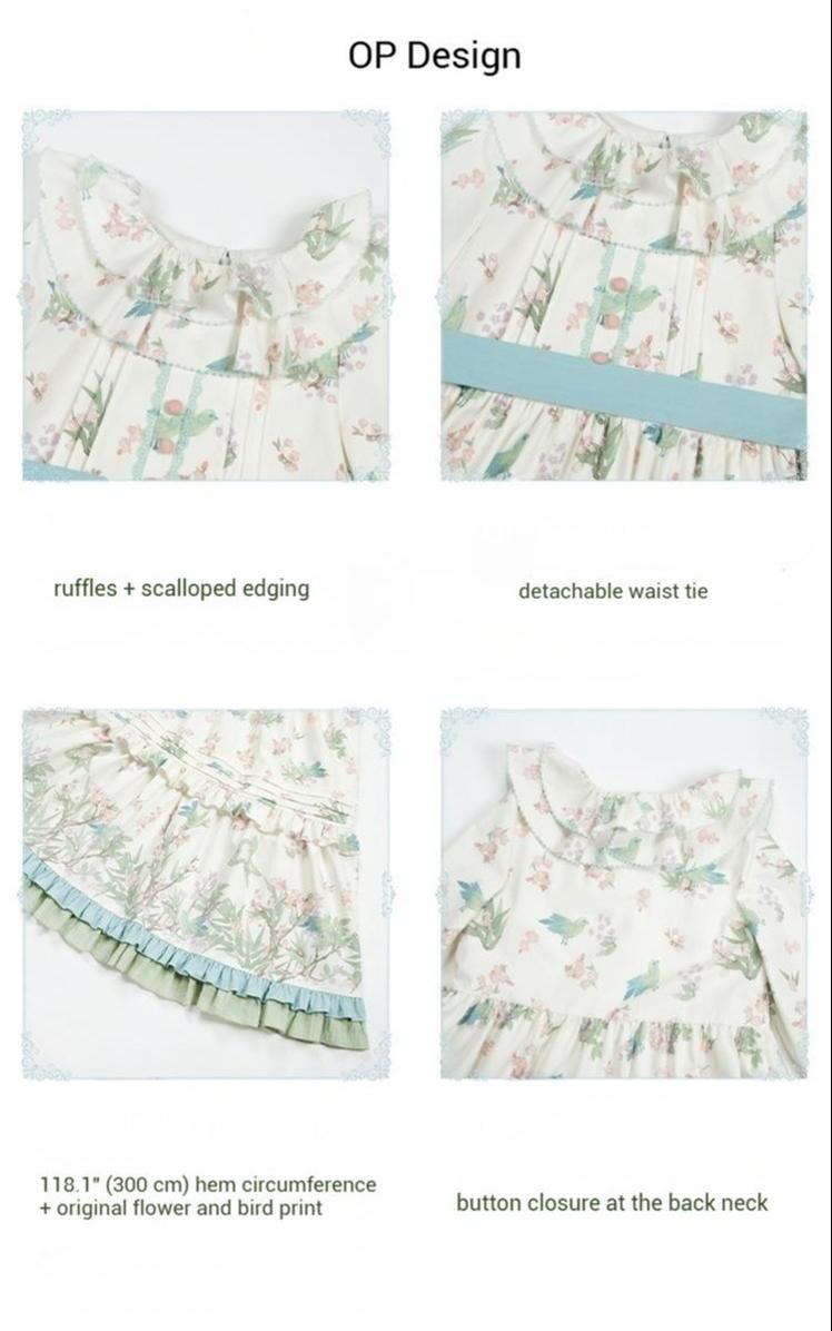 With PUJI - Oriole Time - Country Lolita JSK and OP Dress, Floral and Bird Print
