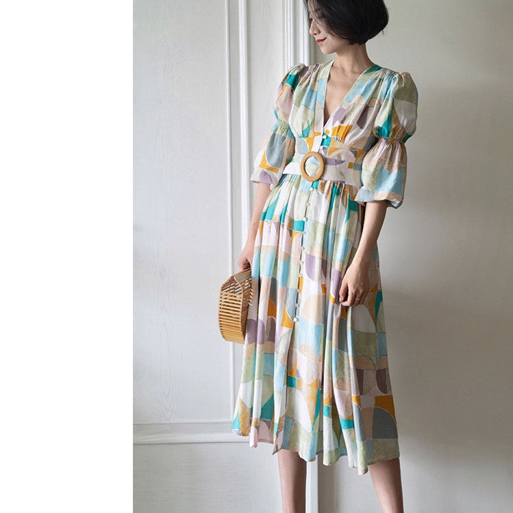 Geometric pattern oil painting dress