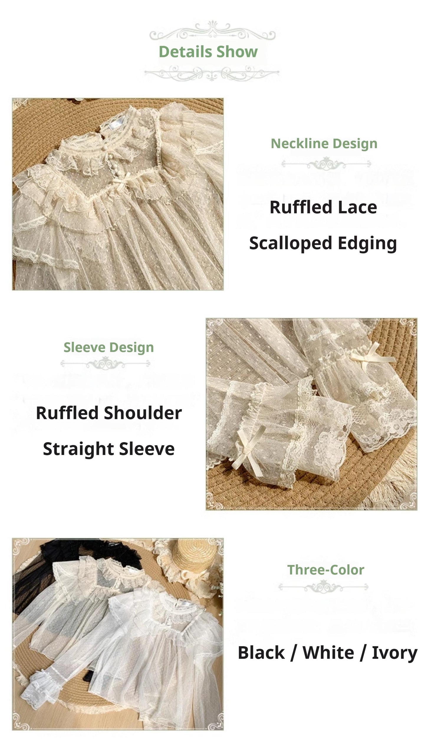 With PUJI - Letters and Poems - Summer Classic Lolita Shirt with Dotted Tulle and Long Sleeve