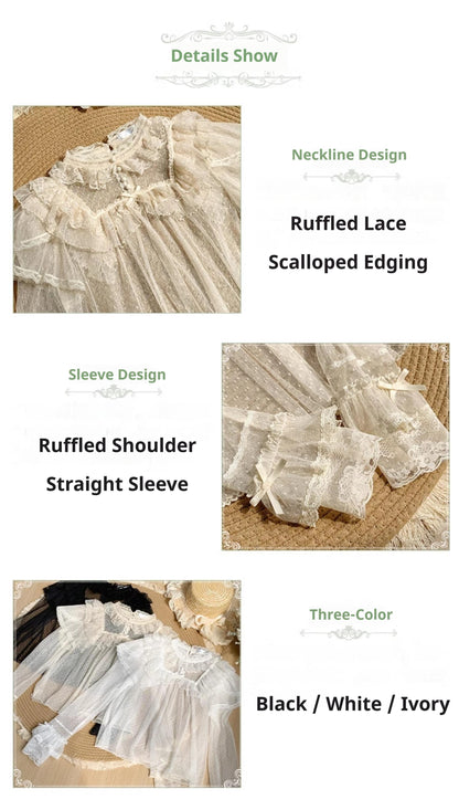 With PUJI - Letters and Poems - Summer Classic Lolita Shirt with Dotted Tulle and Long Sleeve