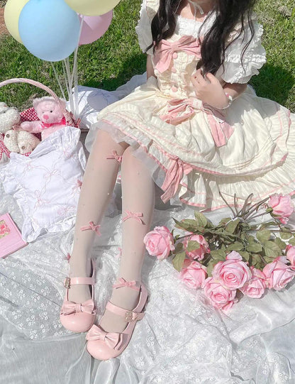 Sheep Puff - Hug Bear - Sweet Lolita Heel Shoes Bear Metal Buckle Bow Shoes