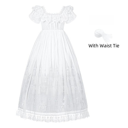 With PUJI - Dawn's Last Light - Castle Printed White Gothic Lolita OP, Two Length Styles