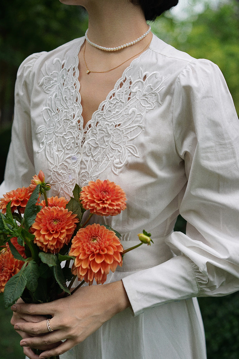 Floral embroidery white vintage dress