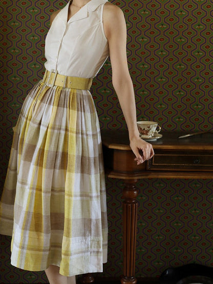 Pale yellow plaid retro umbrella skirt