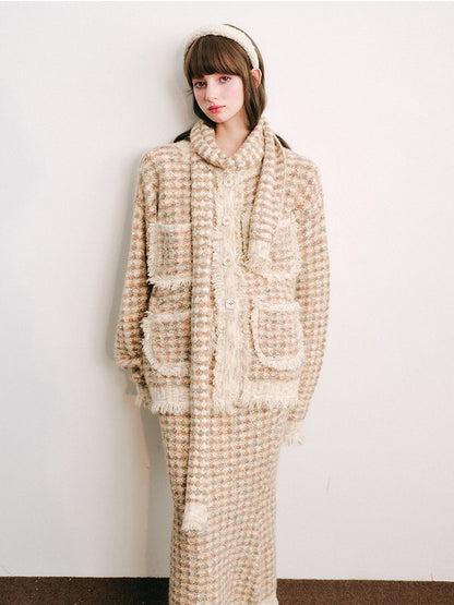 Knitted Fringe Cardigan Jacket With Stole ＆ Long Skirt【s0000003854】
