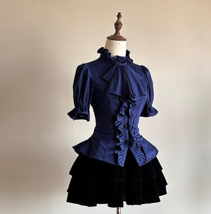 FlowerFairyDaily - Trace Night - Gothic Lolita Short-sleeved Shirt with Adjustable Waist