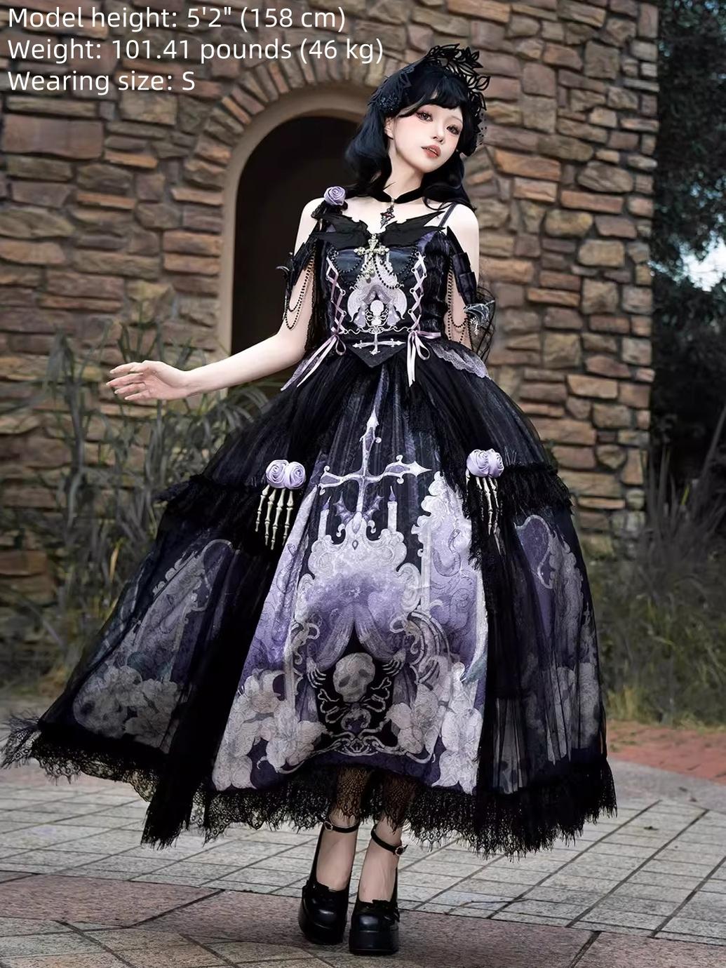 Your Princess - Withered Bone Specter - Gothic Lolita Skirt Set, Rose & Skeleton Hand Decor