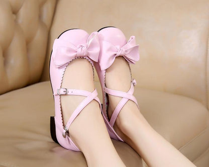 Sosic - Bow and Low Heel Cross Band Lolita Leather Shoes
