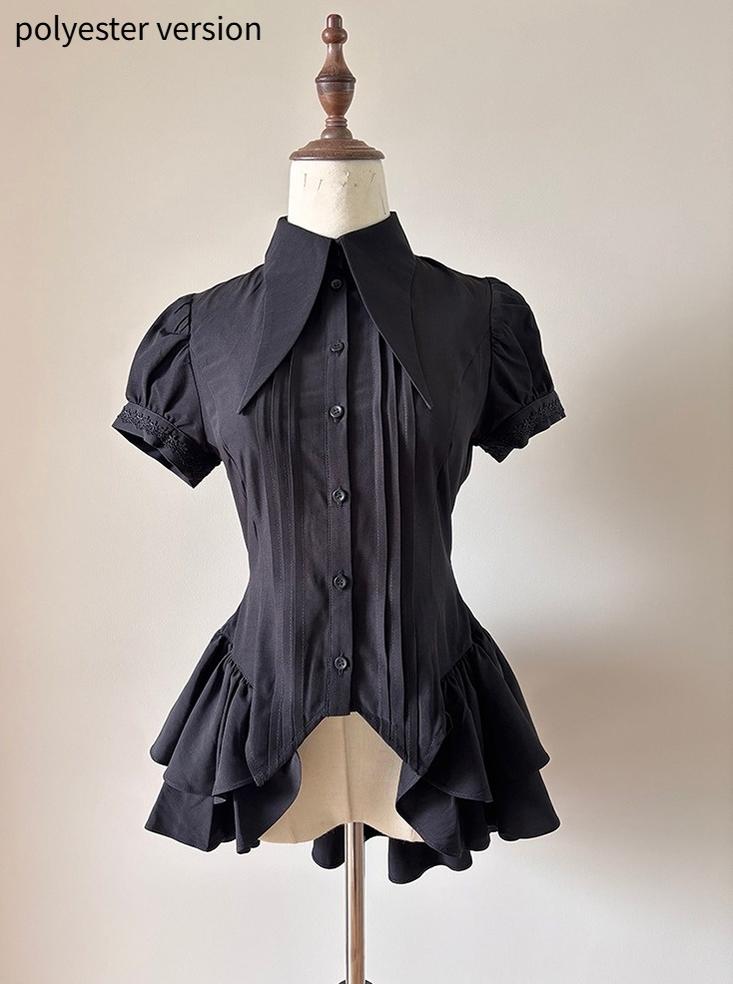 FlowerFairyDaily - Midnight Prayer - Solid Lolita Shirt with Flowing Tiered Back Hem