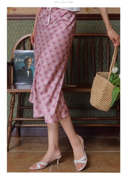 Pink flower pattern french skirt