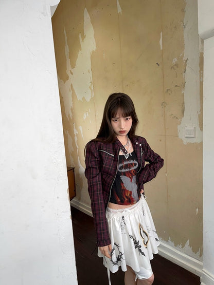 Plaid Zipper Short Jacket & Patch Pocket Long Skirt【s0000003884】