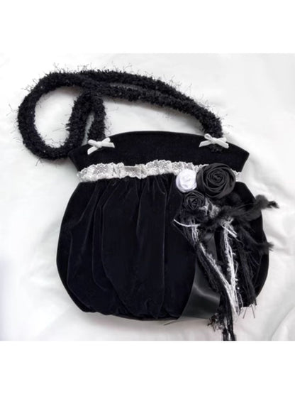 Vintage Ruffled Lace Rose Black Velvet Tote Shoulder Bag【s0000004512】