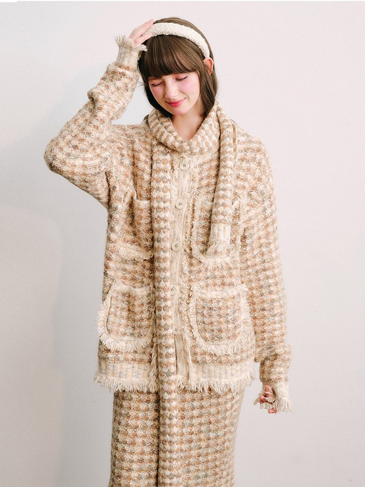 Knitted Fringe Cardigan Jacket With Stole ＆ Long Skirt【s0000003854】