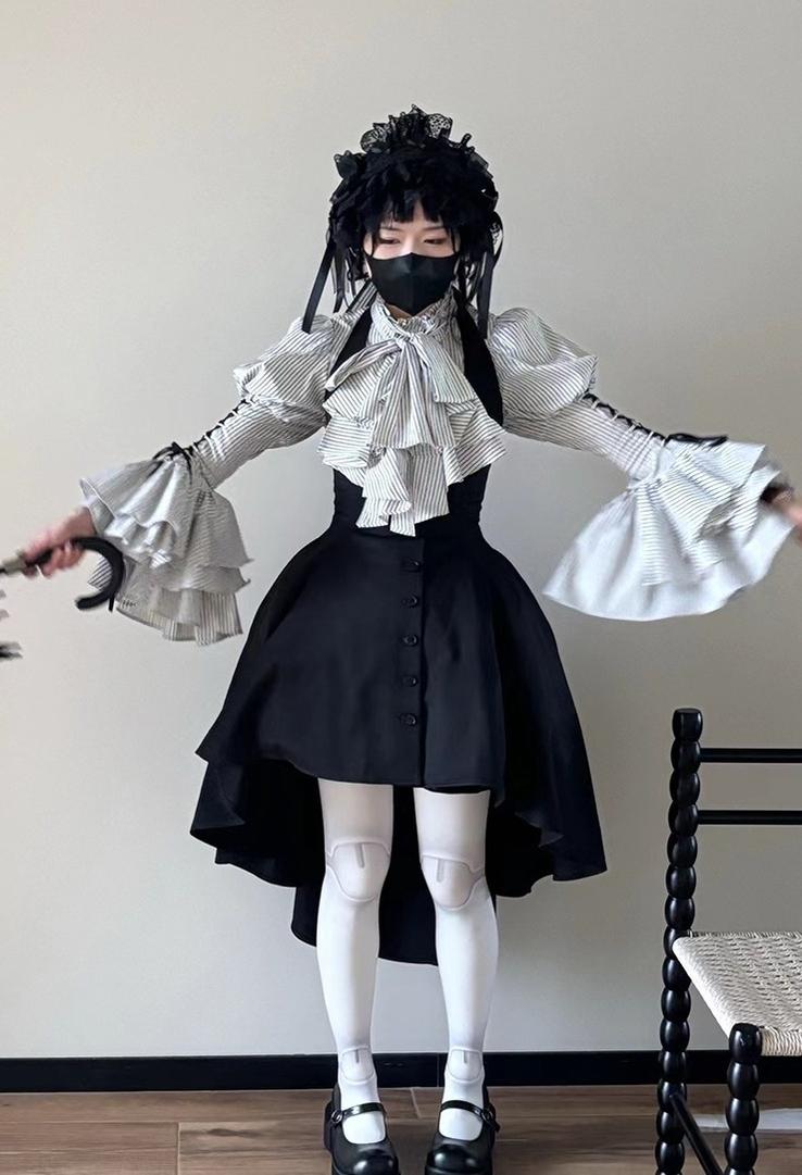 FlowerFairyDaily - Gothic Lolita Striped Shirt With Alternative NeckTie/Jabot