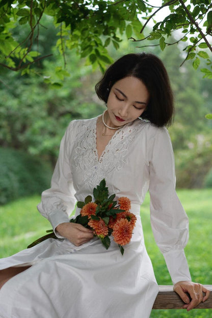 Floral embroidery white vintage dress