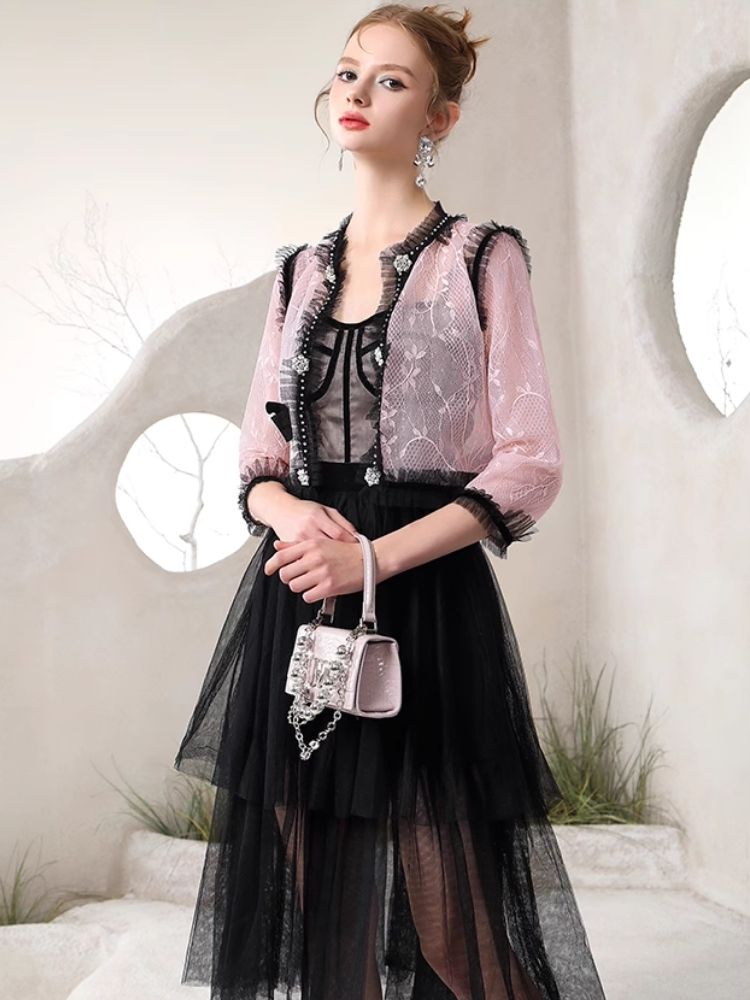 Black Pink Clashing Jacket Niche Design Halter Dresses【s0000006821】