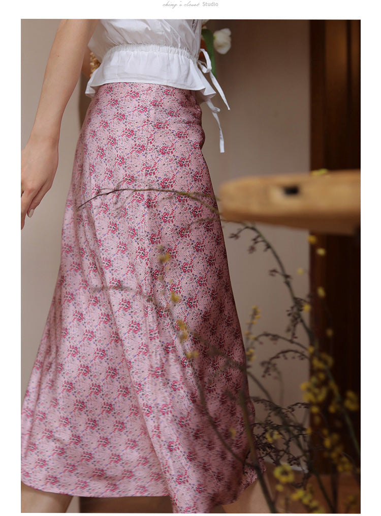 Pink flower pattern french skirt