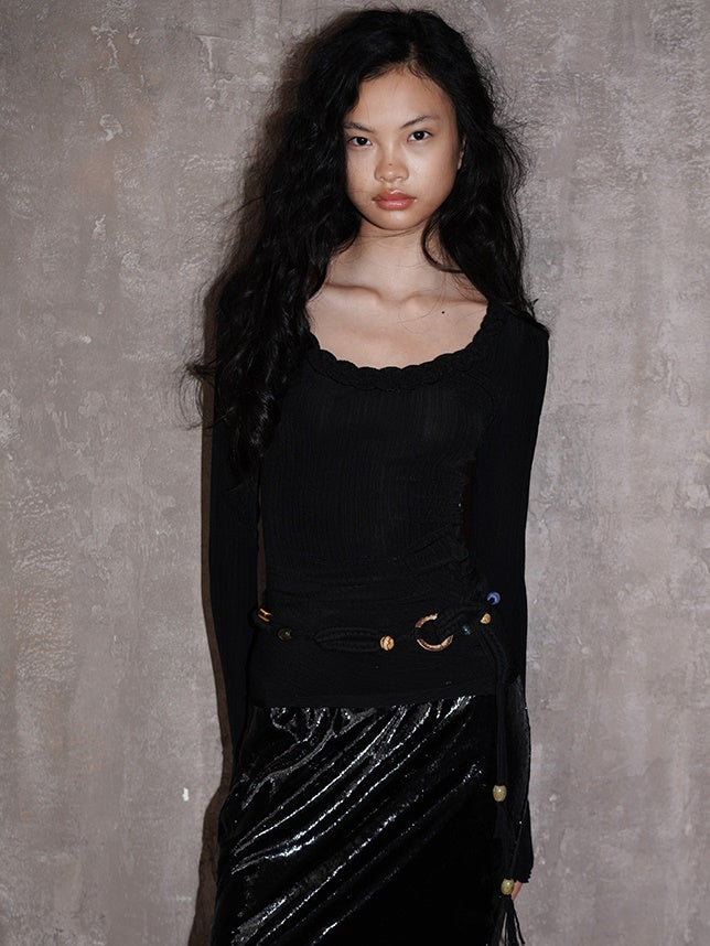 Nichi-Collar Glossy Slim Stretch Unique Knit