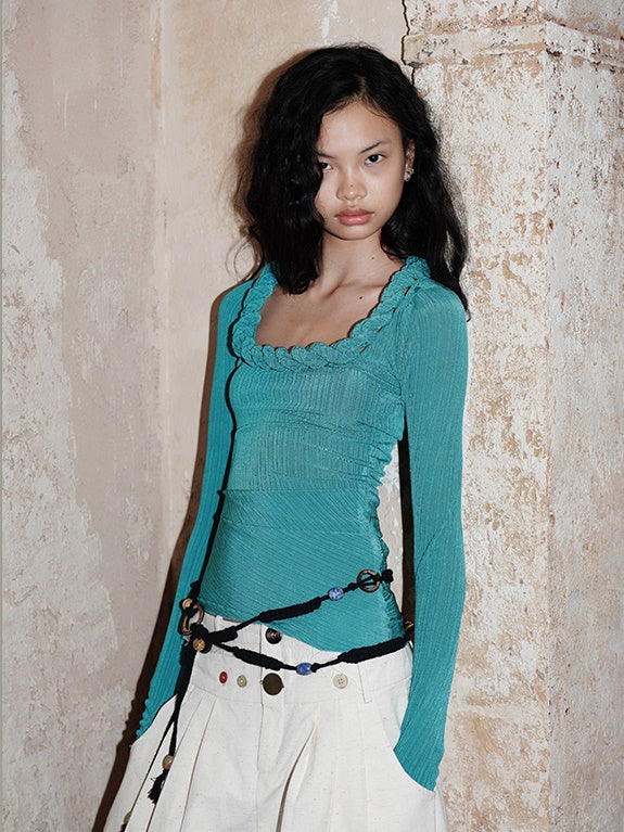 Nichi-Collar Glossy Slim Stretch Unique Knit