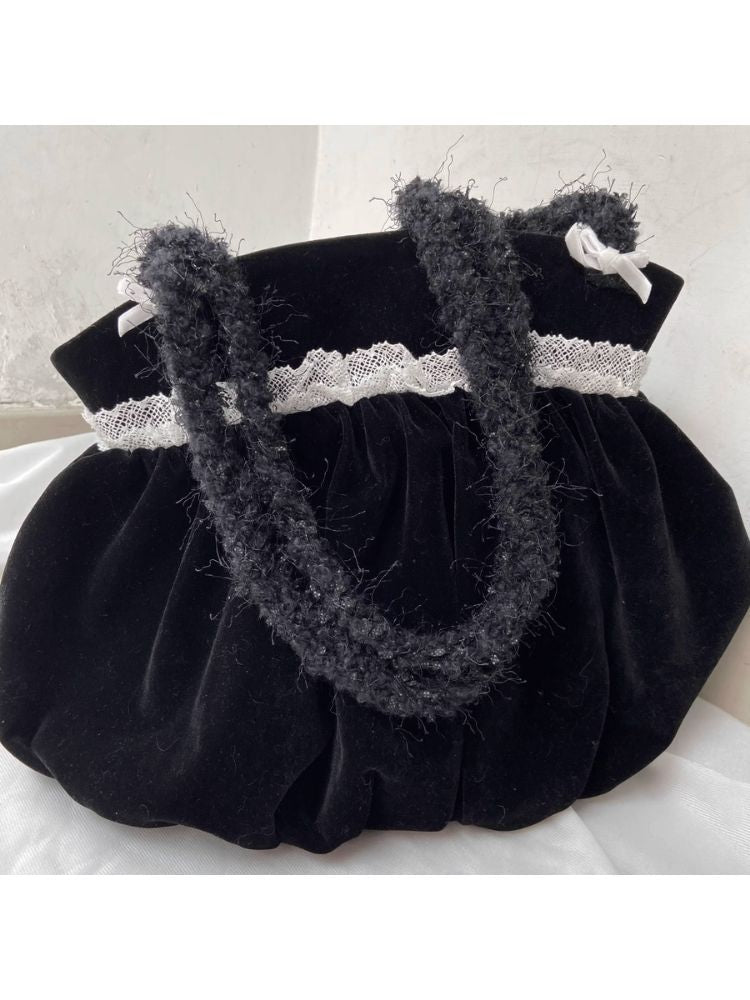 Vintage Ruffled Lace Rose Black Velvet Tote Shoulder Bag【s0000004512】