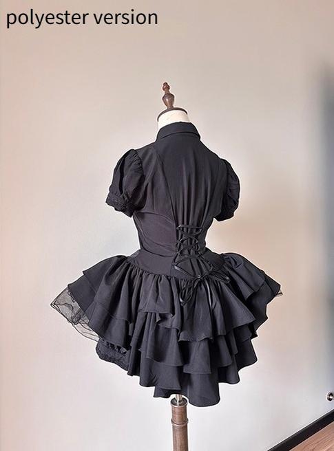 FlowerFairyDaily - Midnight Prayer - Solid Lolita Shirt with Flowing Tiered Back Hem