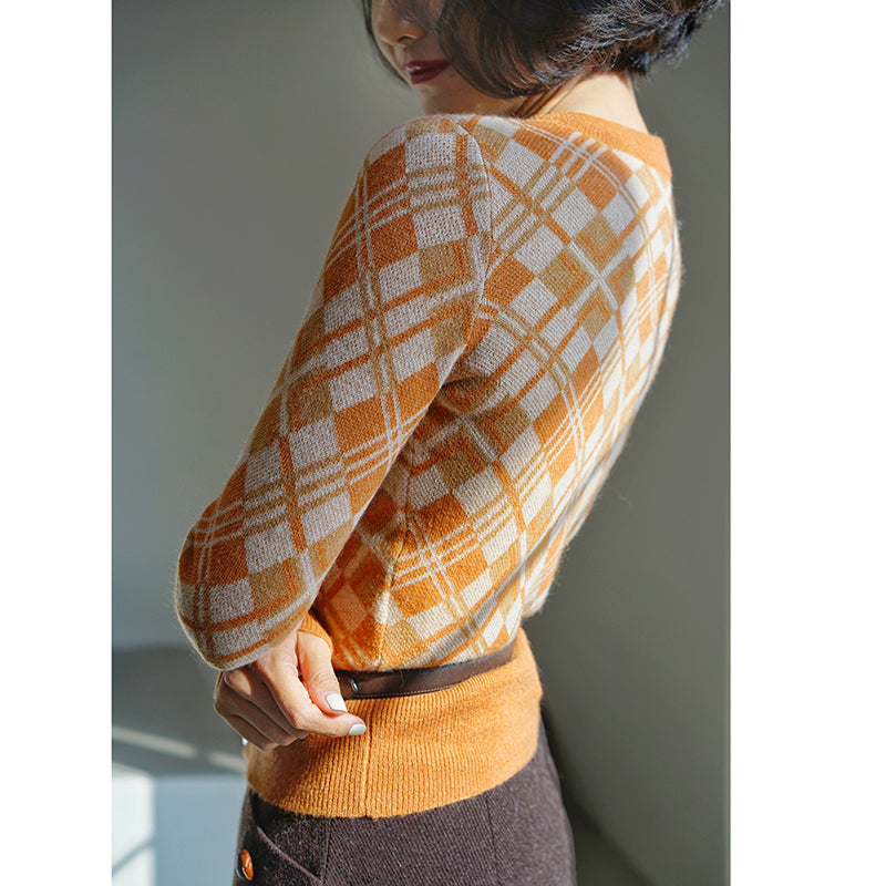 red orange retro plaid cardigan