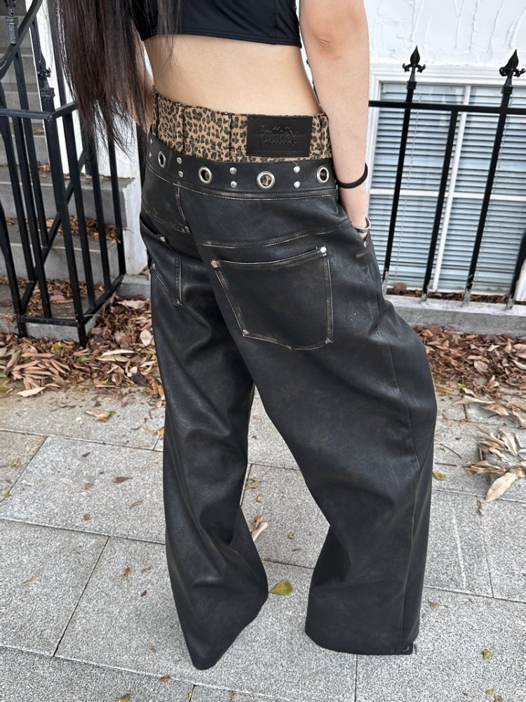 Leopard Pattern Splicing Leather Wide Pants【s0000004171】