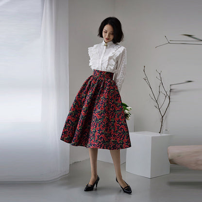 red flower jacquard skirt