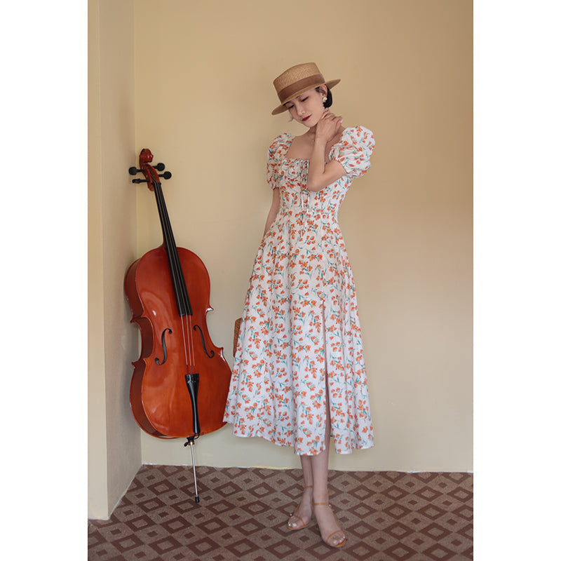 Red Orange Flower Pattern French Retro Dress