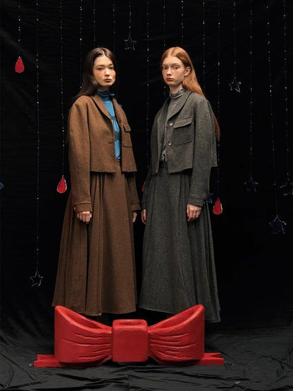 Tweed short jacket long pleated skirt suit【s0000005940】