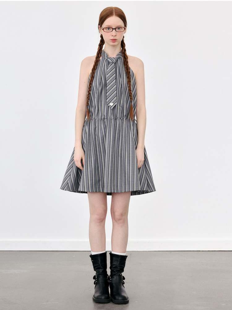 Halter Neck Tie Sleeveless Striped A-Line Dress【s0000008090】